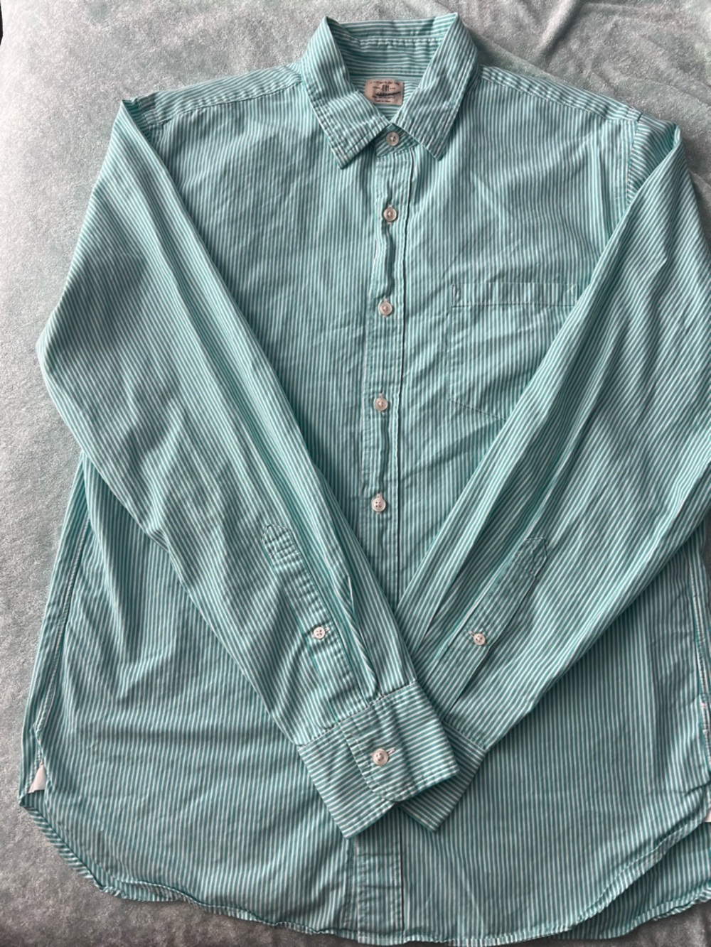 J. Crew Men's Light Teal White Striped Button-Up Shirt “Sample Shirt” M